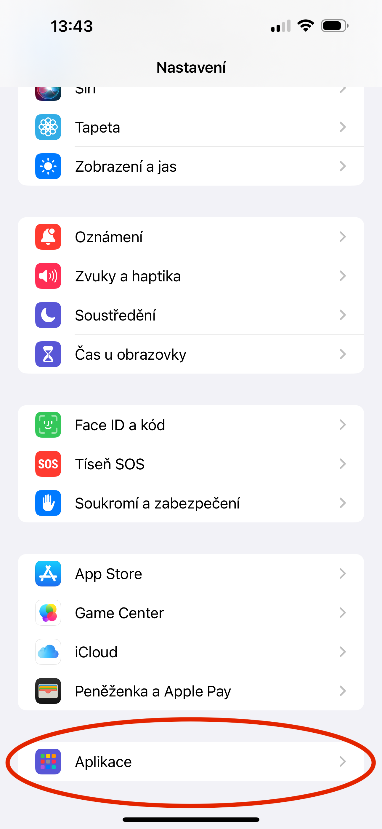 iOS nastavení - Aplikace